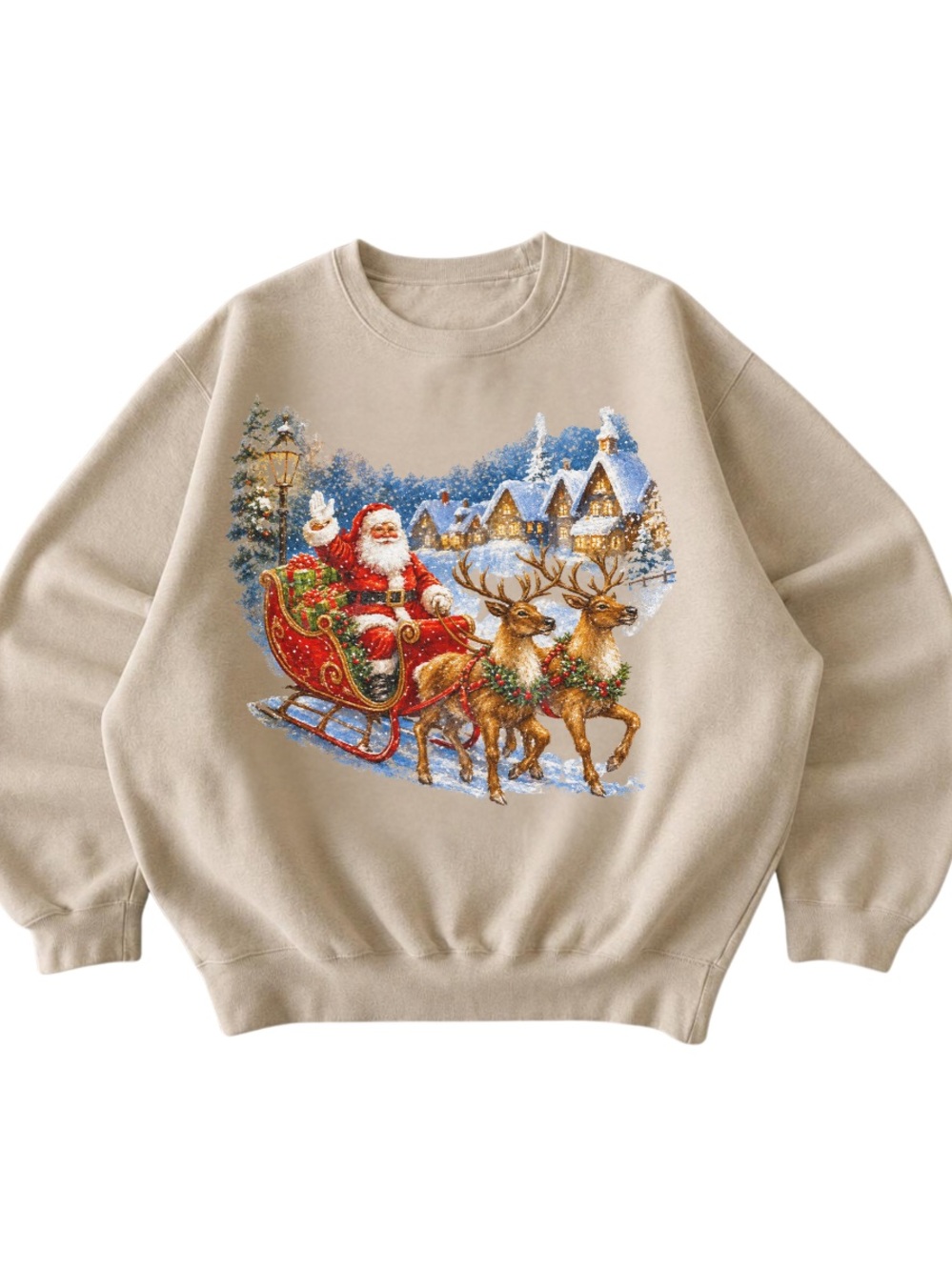 Gildan Beige Christmas Santa Sleigh Crewneck Sweatshirt